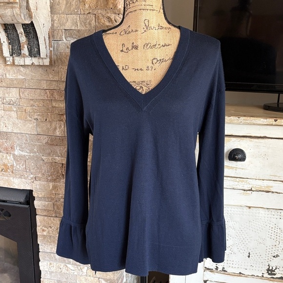 J. Crew Sweaters - J. Crew 100% merino wool navy blue v-neckline flare sleeve hi lo sweater